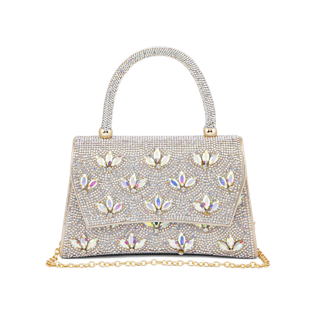 Stone Embellished Handbag With Detachable Chain Strap – Silver